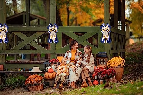 Large Fall Pumpkin Bow for Wreath Blue Buffalo Plaid Burlap Thanksgiving Decoration - Style 1