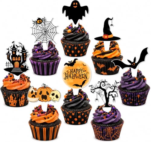 Halloween Cupcake Toppers Pack - Spooky Pumpkin, Black Cat, Bat & Ghost Decorations