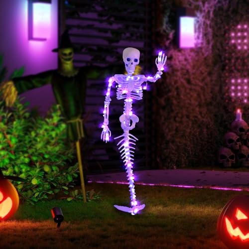 2 Pack 33-Inch Purple LED Mermaid Skeleton Halloween Decorations - Movable Posable Joints Hanging Props