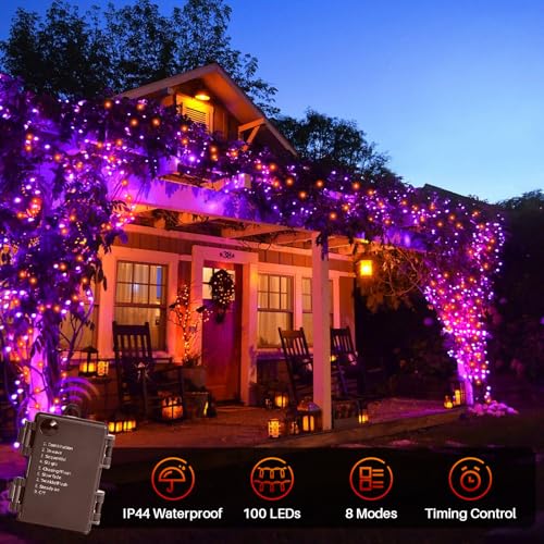 Orange and Purple Battery Operated Halloween String Lights 34.1FT 100 LEDs Waterproof Xmas Decor