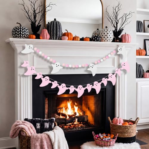 Pink Ghost Felt Garland - 3 Pack 6ft Halloween Decor with Adjustable Spacing