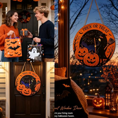 Halloween Front Door Decor Sign - Black Witch Pumpkin Bat Wood Hanging Plaque