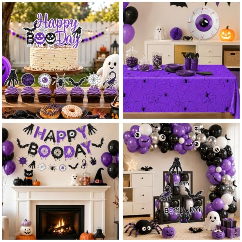 Black and Purple Halloween Birthday Decorations Set with Banner, Balloons, Web, and Balloon Arch