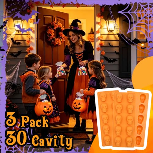 Halloween Skull Chocolate Molds - 3 Pack, 30 Cavities, Food-Grade Silicone, Skull Variation