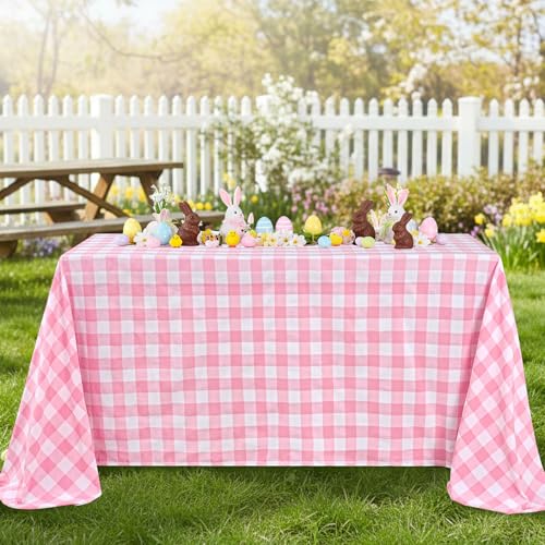 Pink Checkered Tablecloth 56x120 Inch Rectangular Polyester Farmhouse Decor - Pink & White