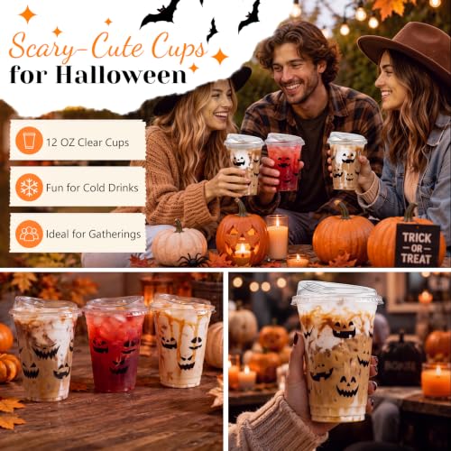 Halloween Pumpkin Cups with Lids - 12 oz, 50 Pack, Pumpkin Variation