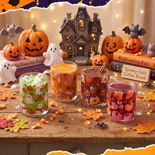 Fall Coffee Mug Set - 4 Pcs 12 oz Pumpkin & Leaf Harvest Glass Cups - Variation Leaf