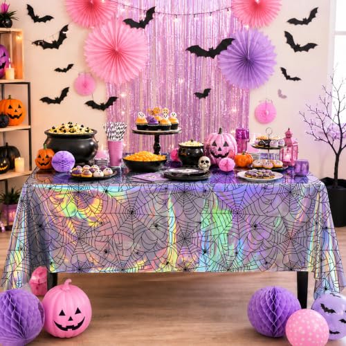 Halloween Party Tablecloth Set - 3 Disposable Iridescent Spiderweb Plastic Coverings Variation of THIS listing