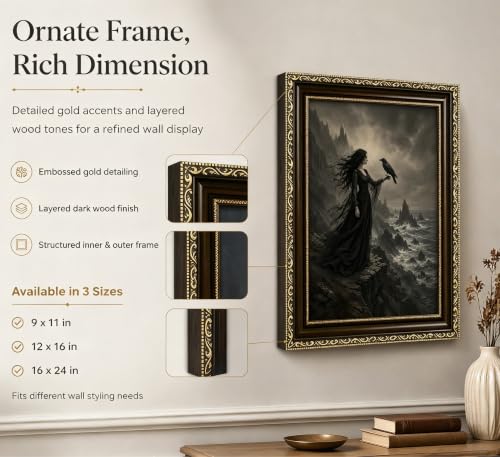 Crow Wall Art - Gothic Witch Raven Canvas Print with Vintage Frame, 16x12 Inches