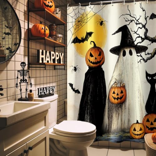 Halloween Fall Shower Curtain Set with Hooks - Rustic Witches Ghosts Pumpkins Black Cat Fabric Bathroom Decor 72x72