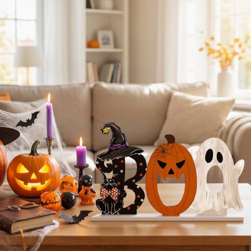 Smile Halloween Wooden Standing Decor Set Ghost Pumpkin Black Cat Letter Boo
