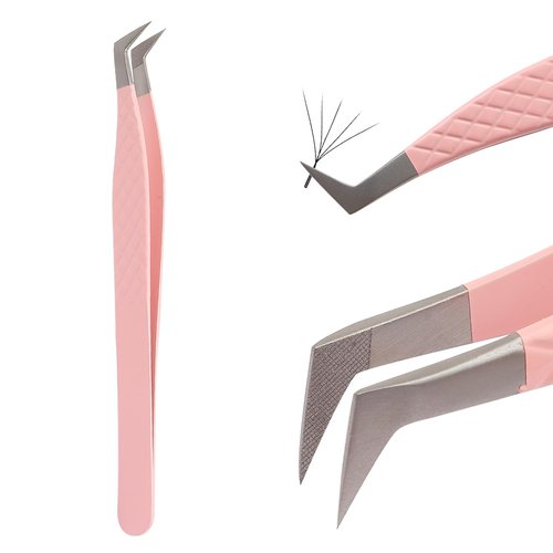 Lash Tweezers For Eyelash Extensions Fiber Tip Lash Tweezers Pink Straight/Curved Tweezer(Pink,X06)