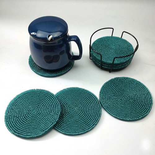 Solid Teal Handmade Beaded Coasters Set of 4 - Halloween Fall Thanksgiving Holiday