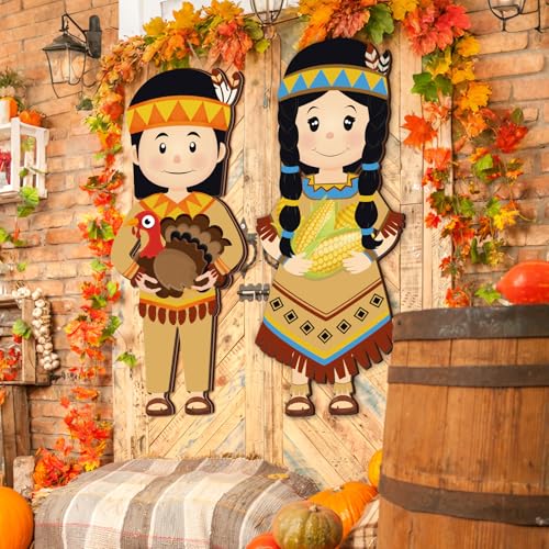 Thanksgiving Pilgrim Hanging Signs Set - Outdoor Fall Decor for Porch & Front Door