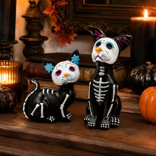 Day of the Dead Cat & Dog Skeleton Figurines Set - Halloween & Día de los Muertos Decor