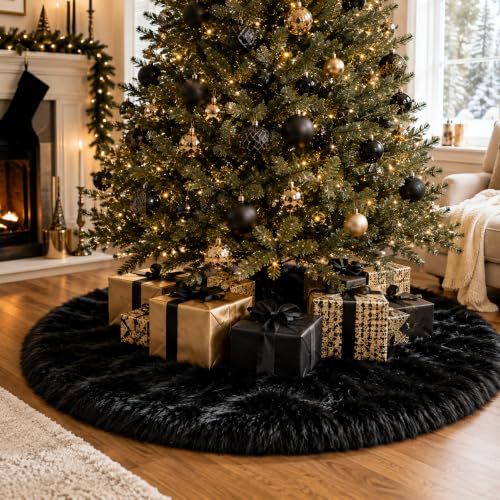 AISENO 60 Inch Black Faux Fur Christmas Tree Skirt - Holiday Decor for Xmas Tree