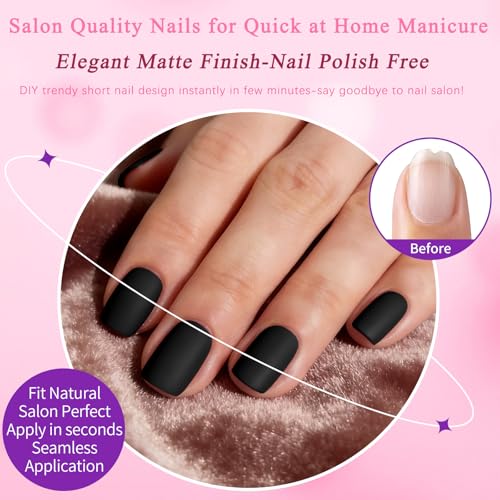 Black Short Square Press On Nails with Glue & Adhesive Tabs - Matte Finish, Reusable