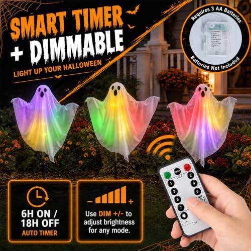 3 Pack Halloween Lighted Ghost Stakes with Remote Control & Timer - 17.7 Inch Glowing Yard Decorations for Spooky Outdoor Lawn & Garden