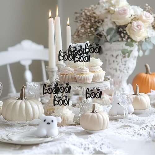 Halloween Boo Cupcake Toppers Glitter Spider Web Bat Cake Decorations - Style 4 Black