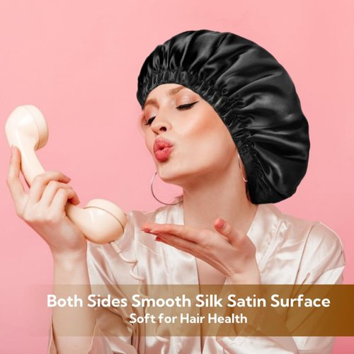 VECIIR Satin Bonnet Silk Bonnet for Sleeping Women and Men, Ajustable Hair Bonnet for Curly Hair with Double Layer Hair Bonnet,Black - Black,Medium