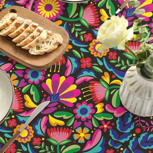 Round Tablecloth 90x90 Inch Black Dia De Los Muertos Design - Durable Polyester