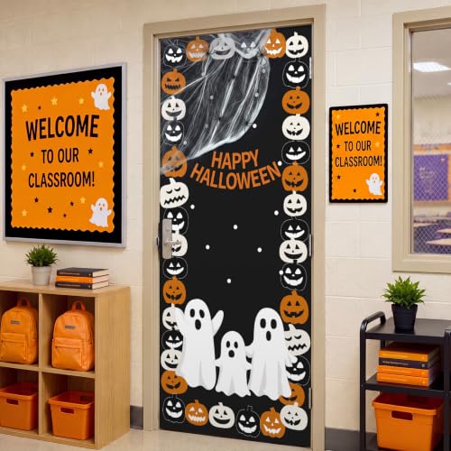 Halloween Door Sticker Decal Set with Spider Web & 5 Spiders - Pink Ghost Variation