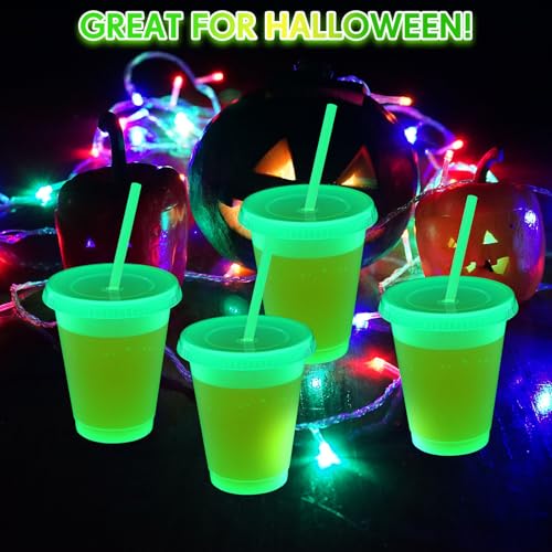 30 Pack 16 oz Glow in the Dark Plastic Cups with Lids & Straws - Fluorescent Green