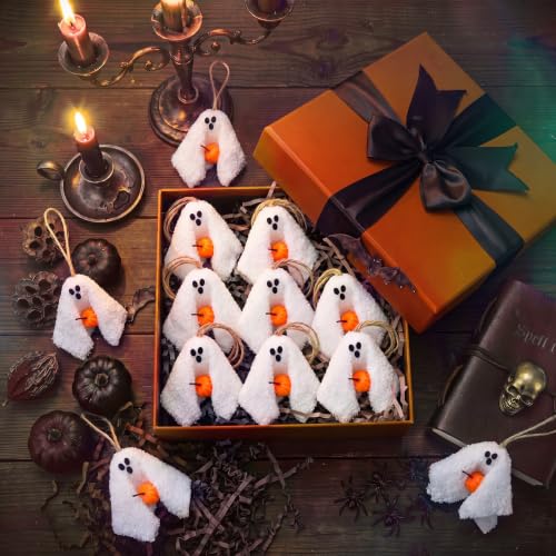 Halloween Ghost Ornaments Set - 12 Soft Sherpa Hanging Decorations for Trees & Home