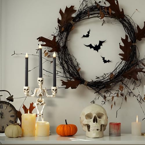White Skeleton Candelabra with Black LED Candles Set - Gothic Halloween Decor