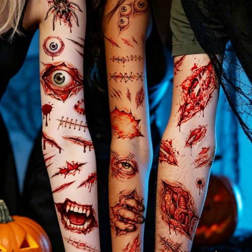 Halloween Fake Scar Tattoos for Face & Body - 18 Large Sheets, Realistic Horror Effects