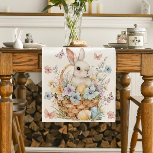 Easter Bunny Eggs Flowers Basket Table Runner 13x108 Inch Beige - Spring Kitchen Decor