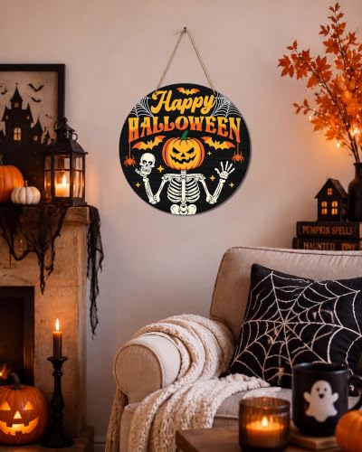 Halloween Wooden Door Sign - Skeleton Pumpkin Spooky Holiday Decor 12x12 Inches
