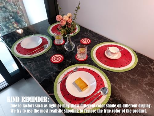 Watermelon Placemats Set of 4 - Round Braided 15 Inch Indoor Outdoor Table Decor - Red Variation