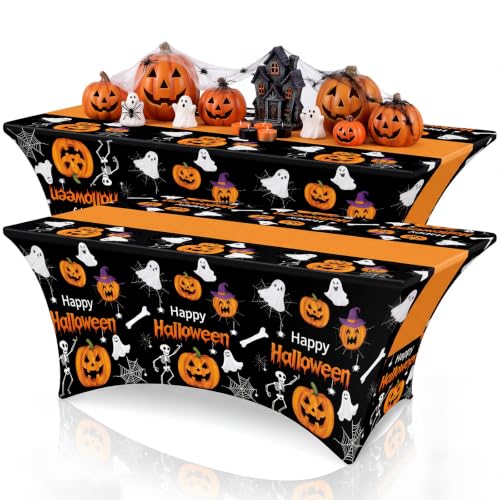 Halloween Pumpkin Ghost Spandex Tablecloth 6ft Fitted Rectangular Cover - Black, Orange, White Variation