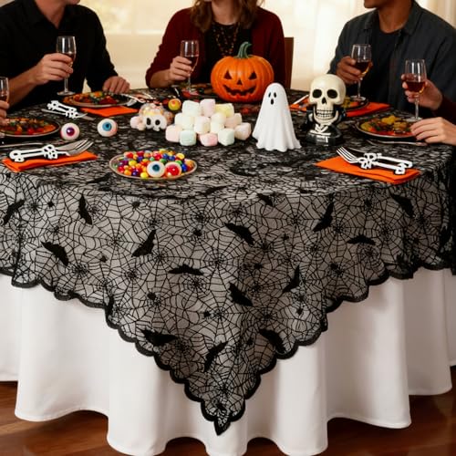 Halloween Lace Tablecloth 70x52 Inch Black Bat Spider Web Gothic Decor for Fall Parties