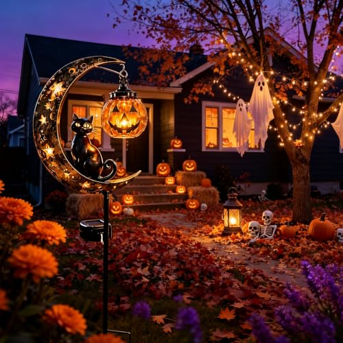 Solar Halloween Black Cat and Pumpkin Garden Stake Lights Outdoor Decor