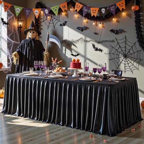 8ft Black Satin Tablecloth for Rectangle Tables - Shiny Spandex Cover - 96x30 Inches, 1 Pack