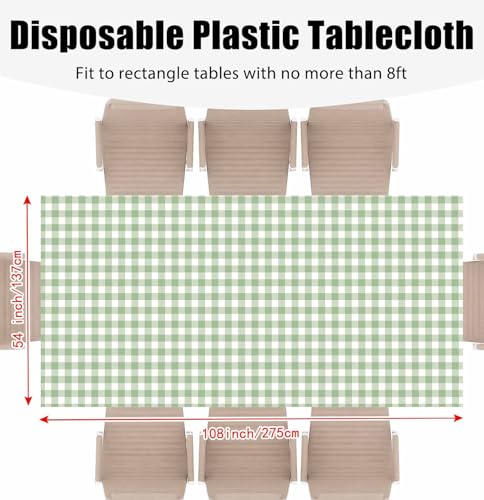 Sage Green Gingham Disposable Tablecloth Set - 4 Pack 54x108 Inches for Party & Events