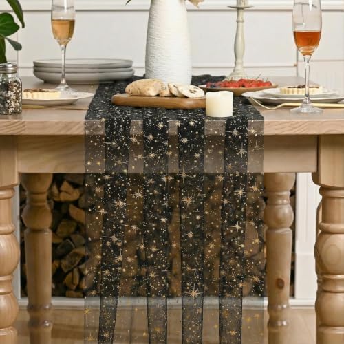 6PC Black Gold Stars Reversible Sheer Table Runner 28x120 Inch for Wedding Holiday Decor