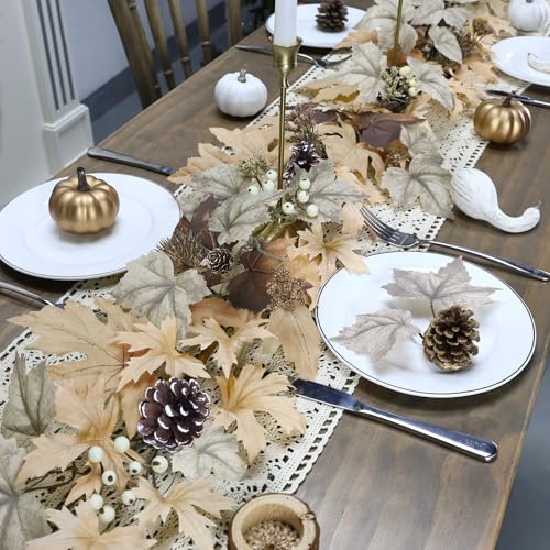 6 Ft Fall Garland with Lights - Real Touch Leaves Berries Pine Cones - Beige