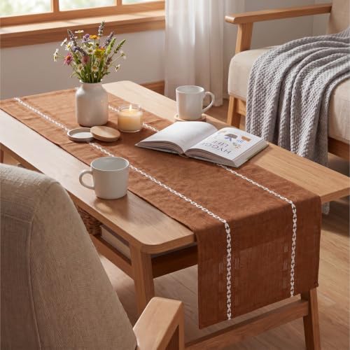 Farmhouse Caramel Embroidered Table Runner 13x48 Inch - Fall Rustic Kitchen Decor