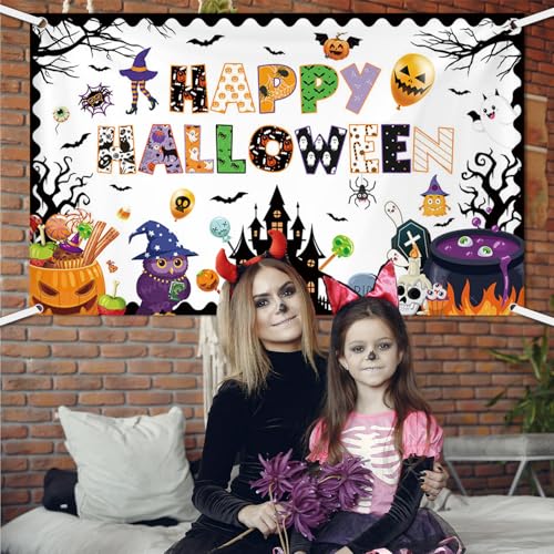 Halloween Classroom Banner Backdrop 70.8x43.3 Inches Ghost Spider Bat Pumpkin Decor - 5.9x3.6ft Variation
