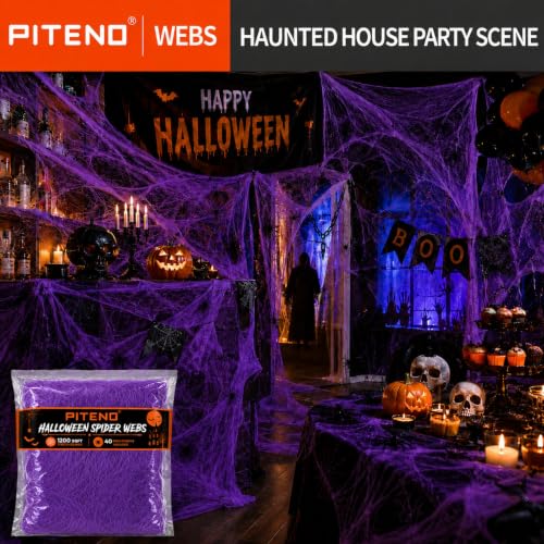 Purple Halloween Spider Webs Decoration Kit - 1200 sqft Stretchable Web with 40 Fake Spiders