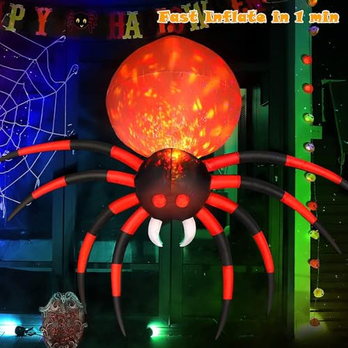 10FT Inflatable Spider Halloween Yard Decor with Rotating LED Flame and Stabilizing Accessories - Outdoor Garden Lawn Ghost Prop