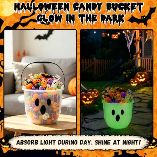 Glow In The Dark Halloween Candy Buckets - 12 Pack with Ghost, Pumpkin & Devil Designs