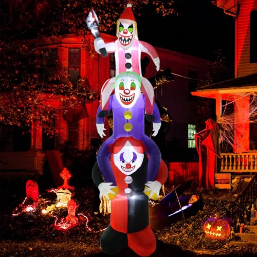 Halloween Inflatable 8ft Scary Clowns Stacked in Human Ladder with LED Lights - Outdoor Decor - Variation of Clown