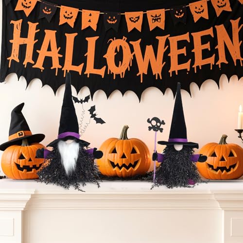 15 Inch Halloween Gnome Decor Set - Black & Purple Witch & Skull Gnomes, Indoor & Outdoor Halloween Tabletop Decorations