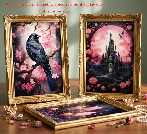 Pink Raven Castle Halloween Wall Art Canvas - 24x16 Unframed - Romantic Gothic Decor