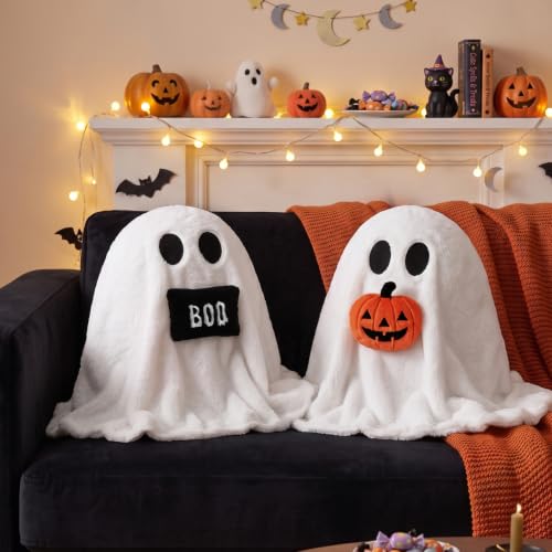 Halloween Ghost Throw Pillows - Set of 2 Soft Plush Ghost Shaped Cushions for Couch & Bed, 14 x 12 Inches