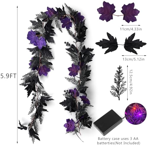 Halloween Maple Leaf Garland with Purple Orange LED Lights 5.9 ft - Fall Decorations